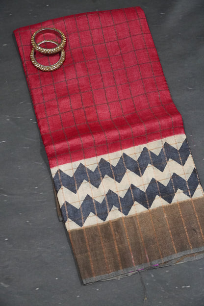 Pure Tussar Saree - Checks Redish Pink