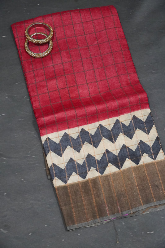 Pure Tussar Saree - Checks Redish Pink