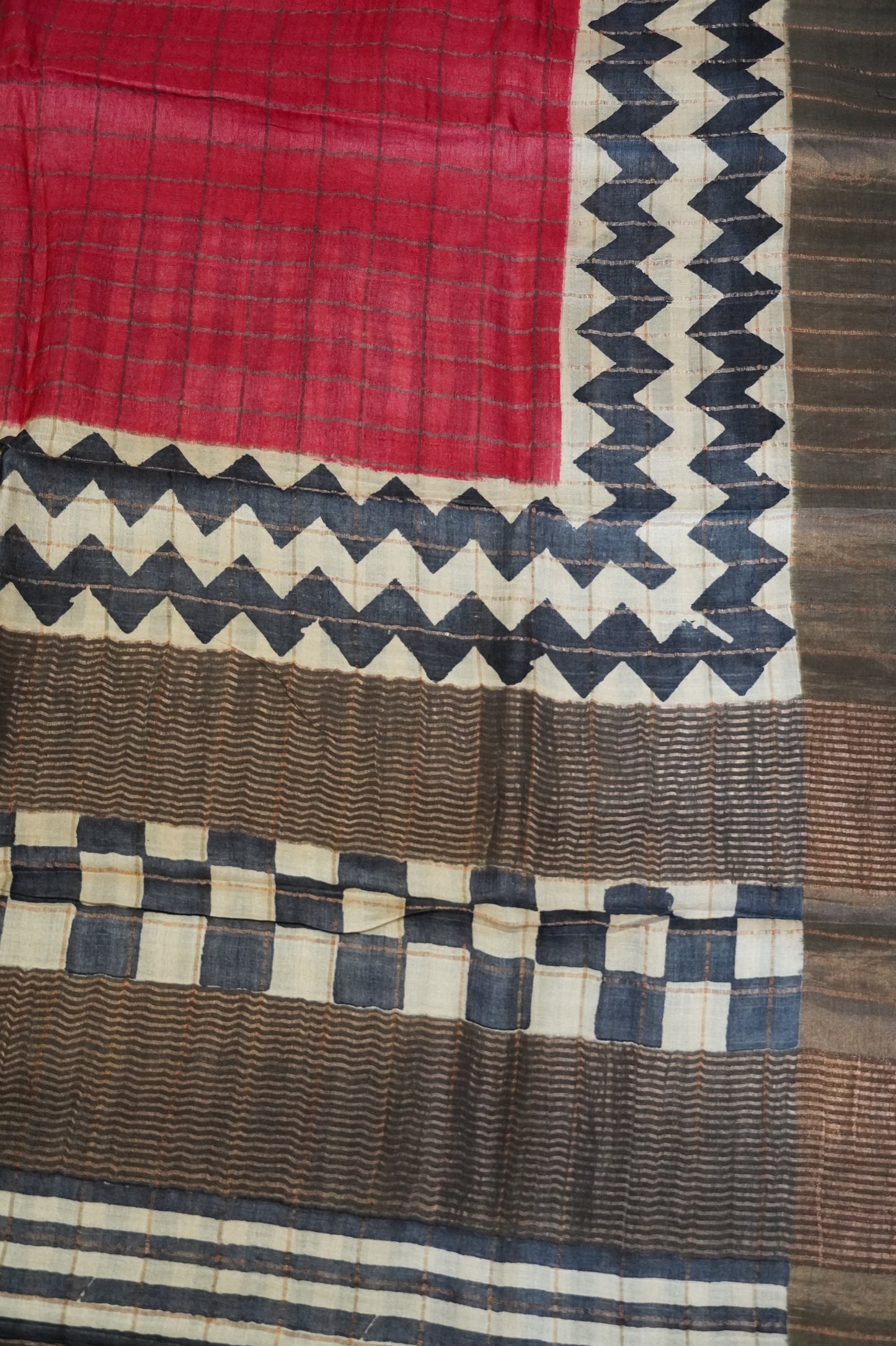 Pure Tussar Saree - Checks Redish Pink