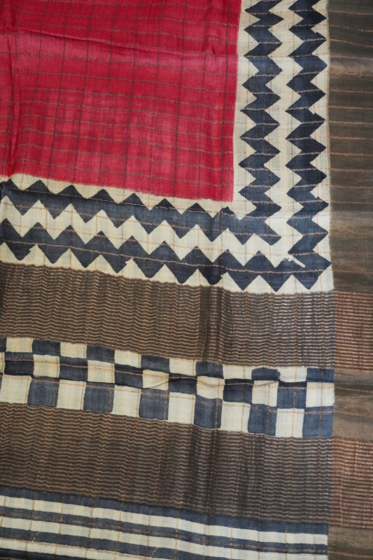Pure Tussar Saree - Checks Redish Pink