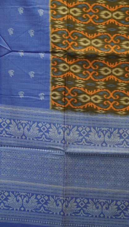 Semi Tussar Saree Ikkat Print - Green to Ink Blue