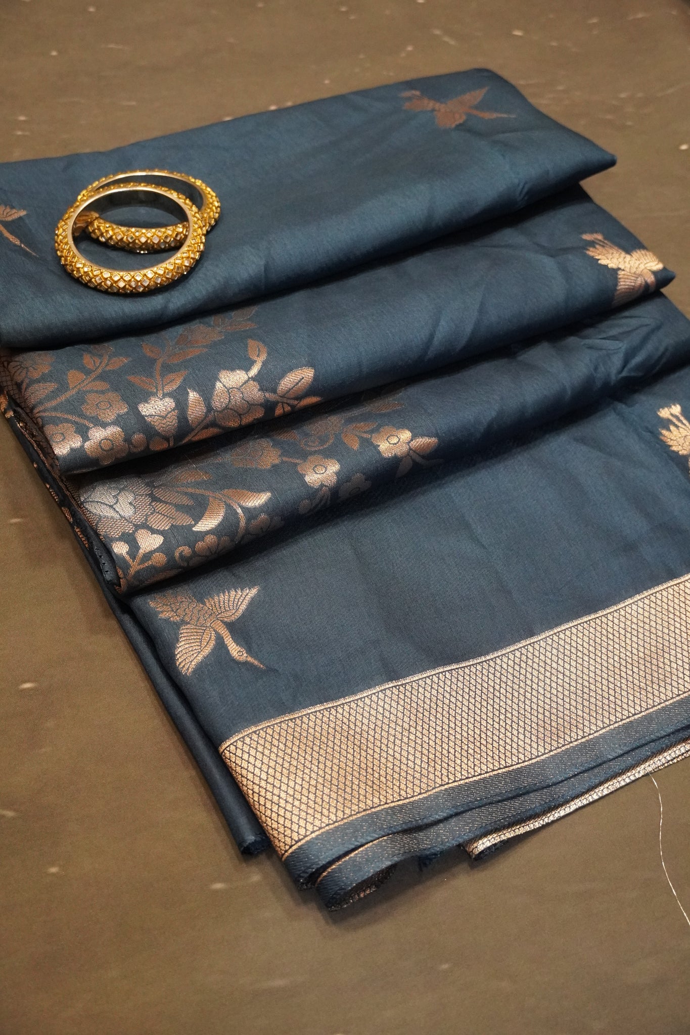 Banarasi Crepe Saree - Crane Design - Light Peacock Blue