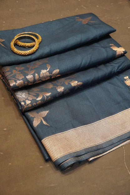 Banarasi Crepe Saree - Crane Design - Light Peacock Blue