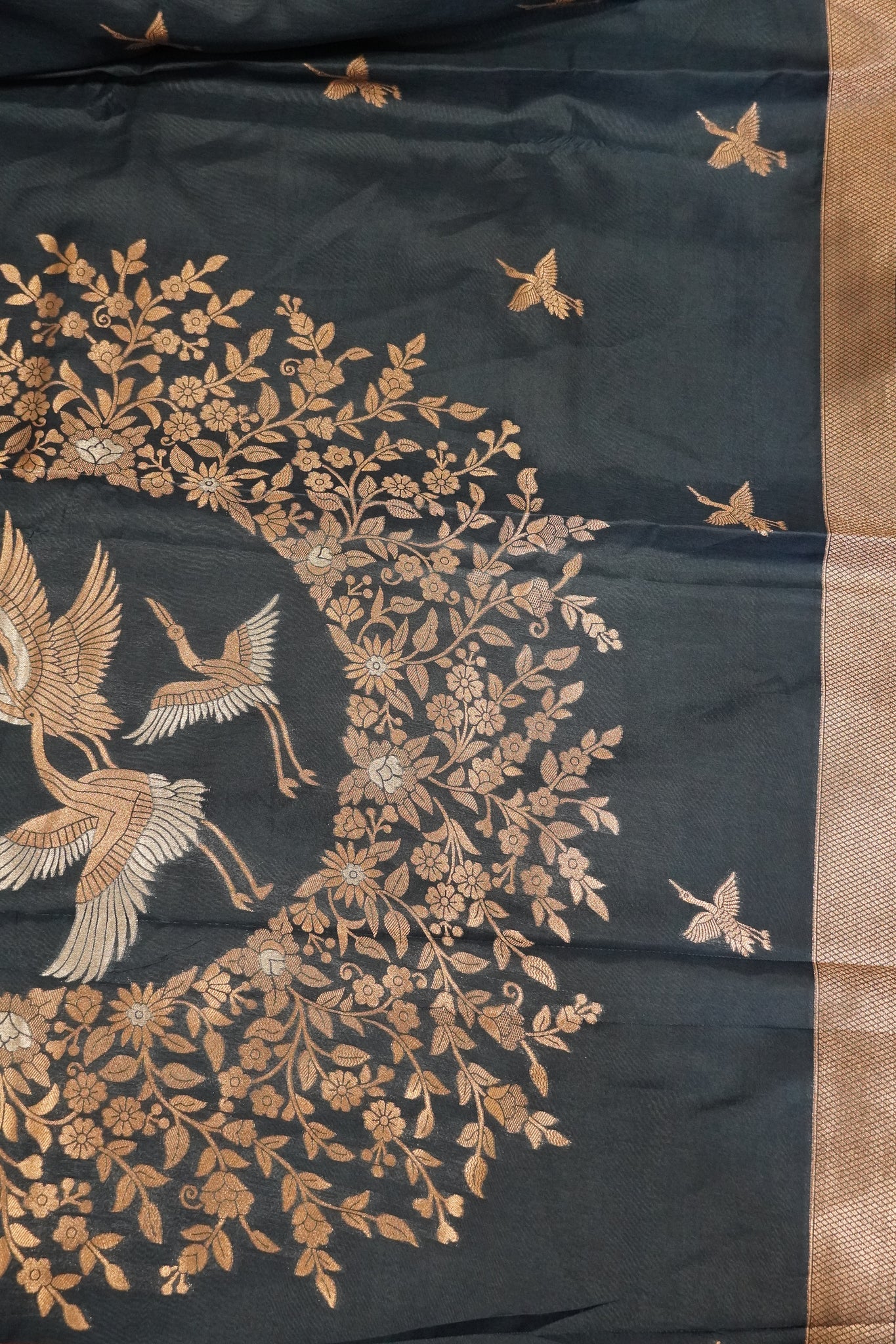 Banarasi Crepe Saree - Crane Design - Light Peacock Blue