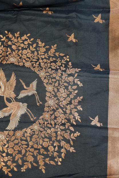 Banarasi Crepe Saree - Crane Design - Light Peacock Blue