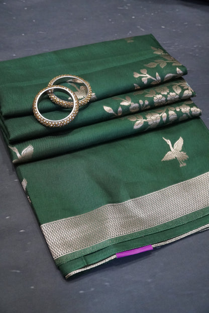 Banarasi Crepe Saree - Crane Design - Sage Green