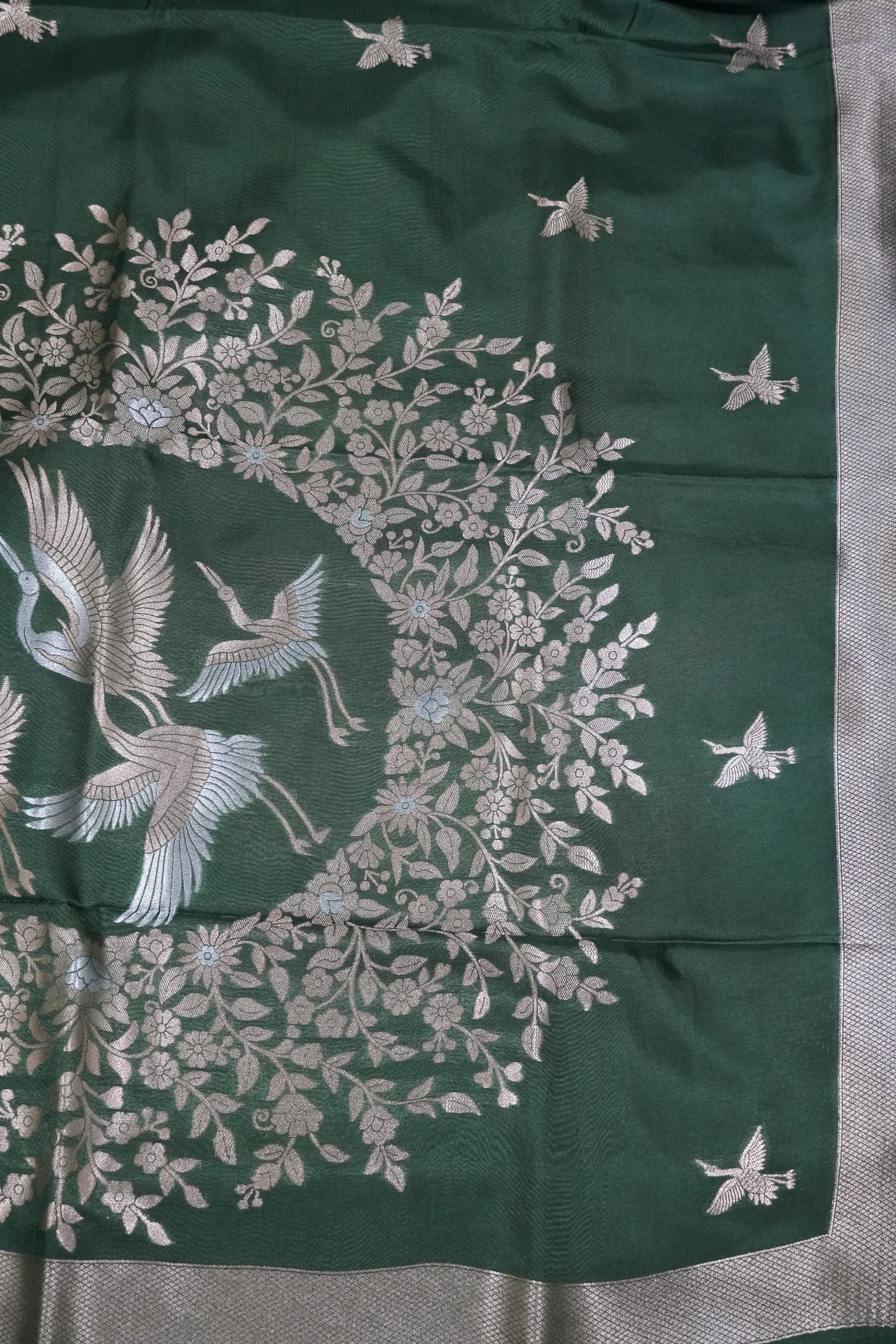 Banarasi Crepe Saree - Crane Design - Sage Green
