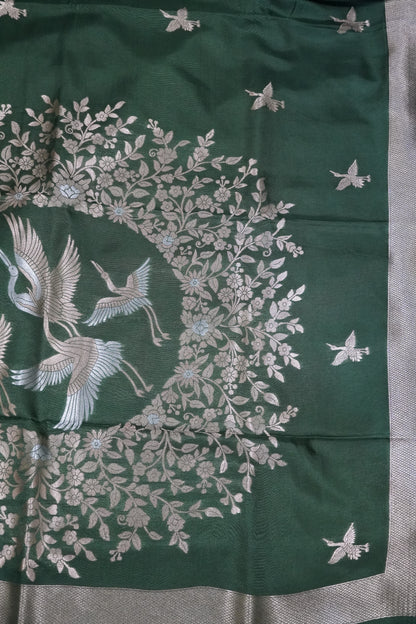 Banarasi Crepe Saree - Crane Design - Sage Green