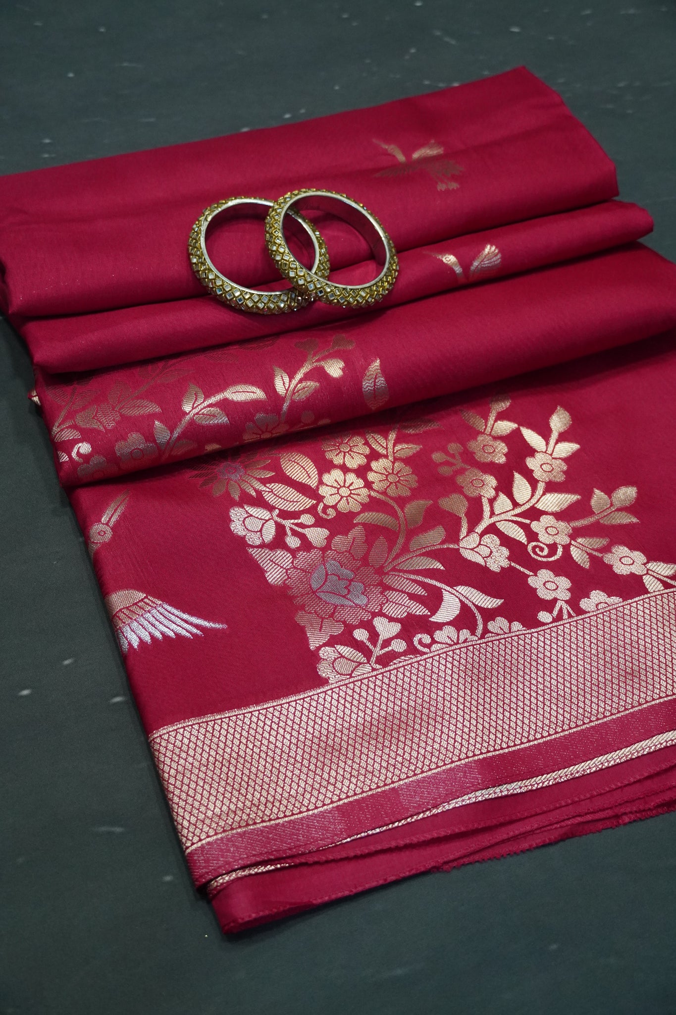 Banarasi Crepe Saree - Crane Design - Dark Pink