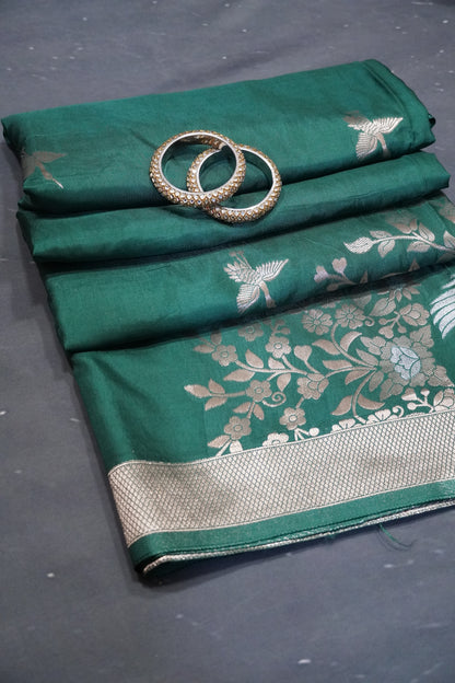 Banarasi Crepe Saree - Crane Design - Dark Green