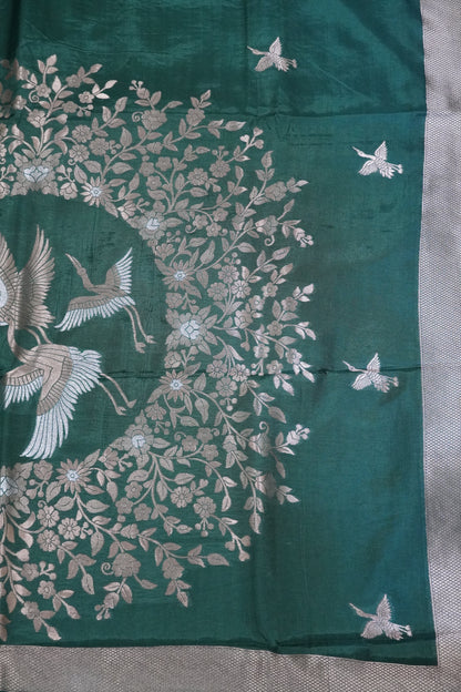 Banarasi Crepe Saree - Crane Design - Dark Green