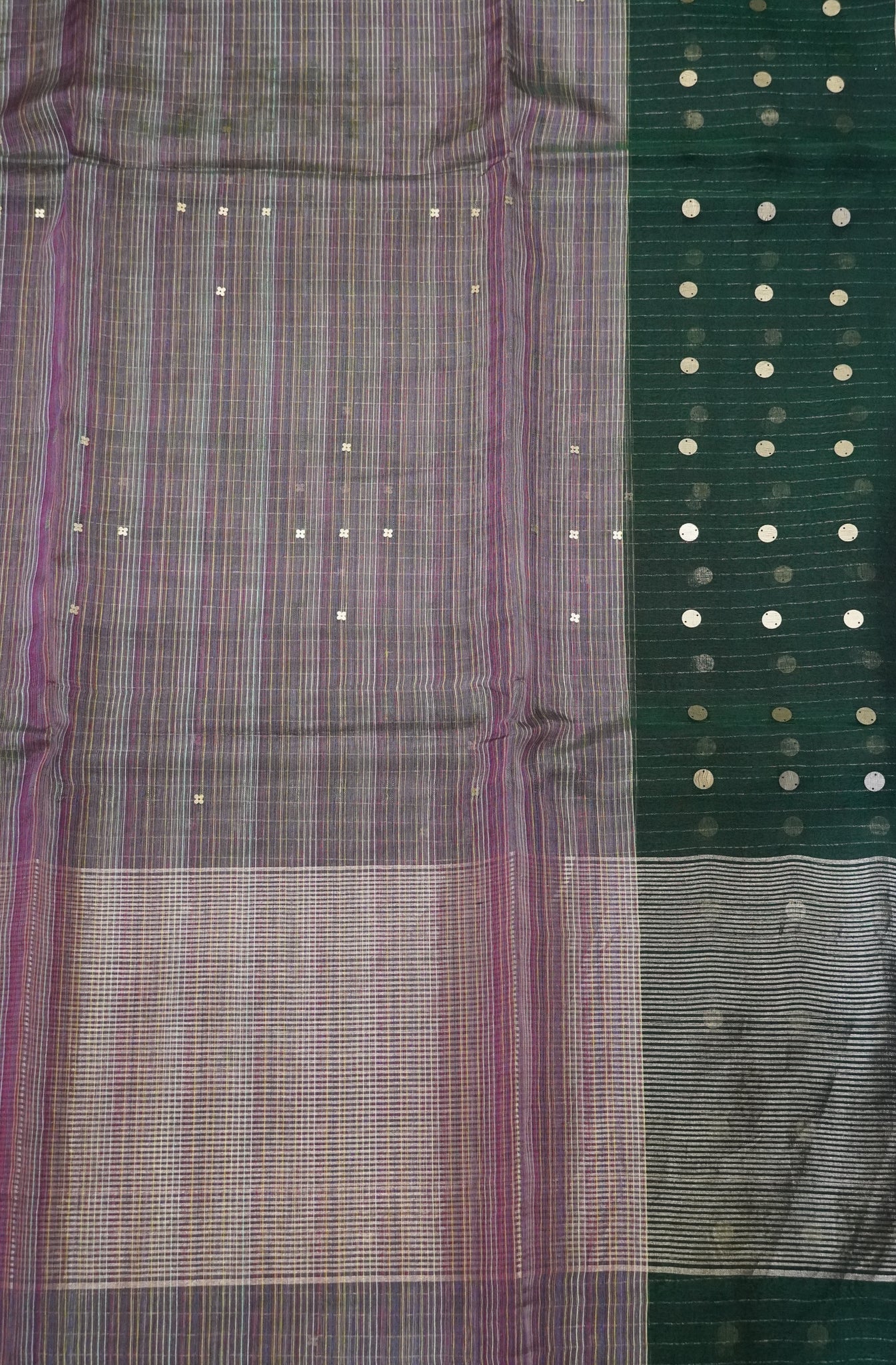 Pure Matka Tussar Saree - Round Zari Butta Bottle Green