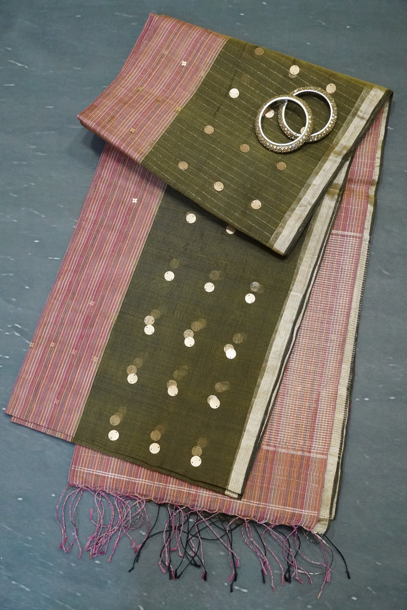 Pure Matka Tussar Saree - Round Zari Butta Olive Green