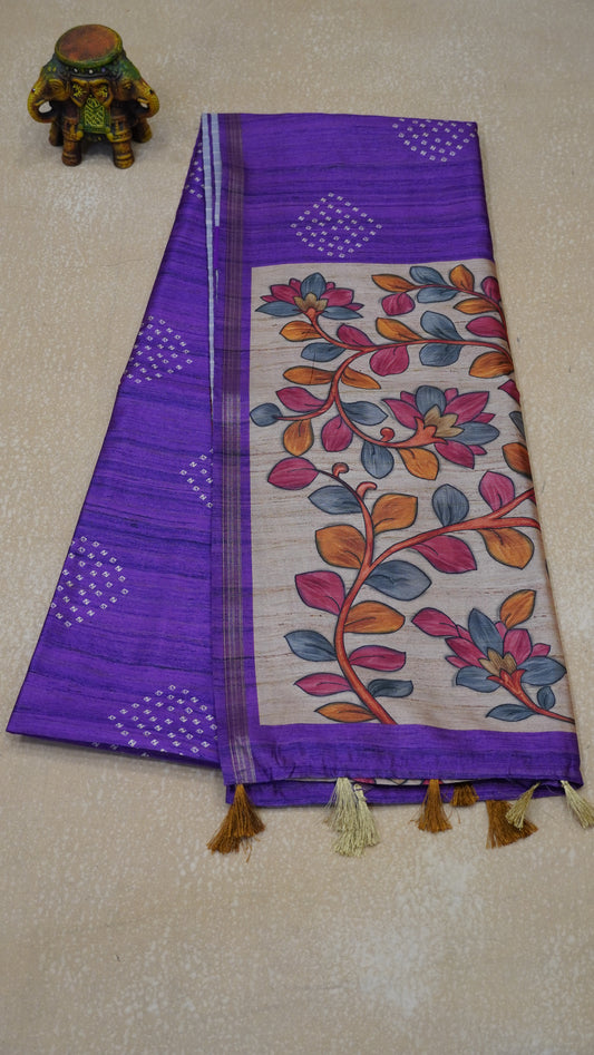 Semi Tussar Saree Bandhini Print & Kalamkari - Purple