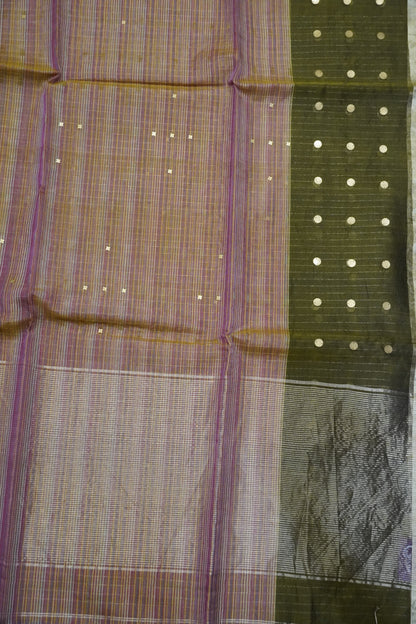 Pure Matka Tussar Saree - Round Zari Butta Olive Green