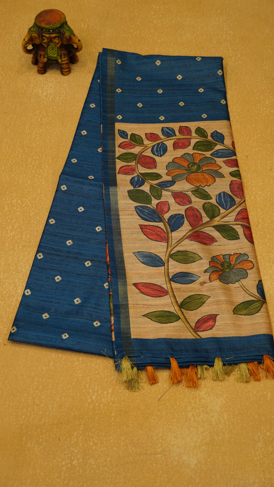 Semi Tussar Saree Bandhini Print & Kalamkari - Blue