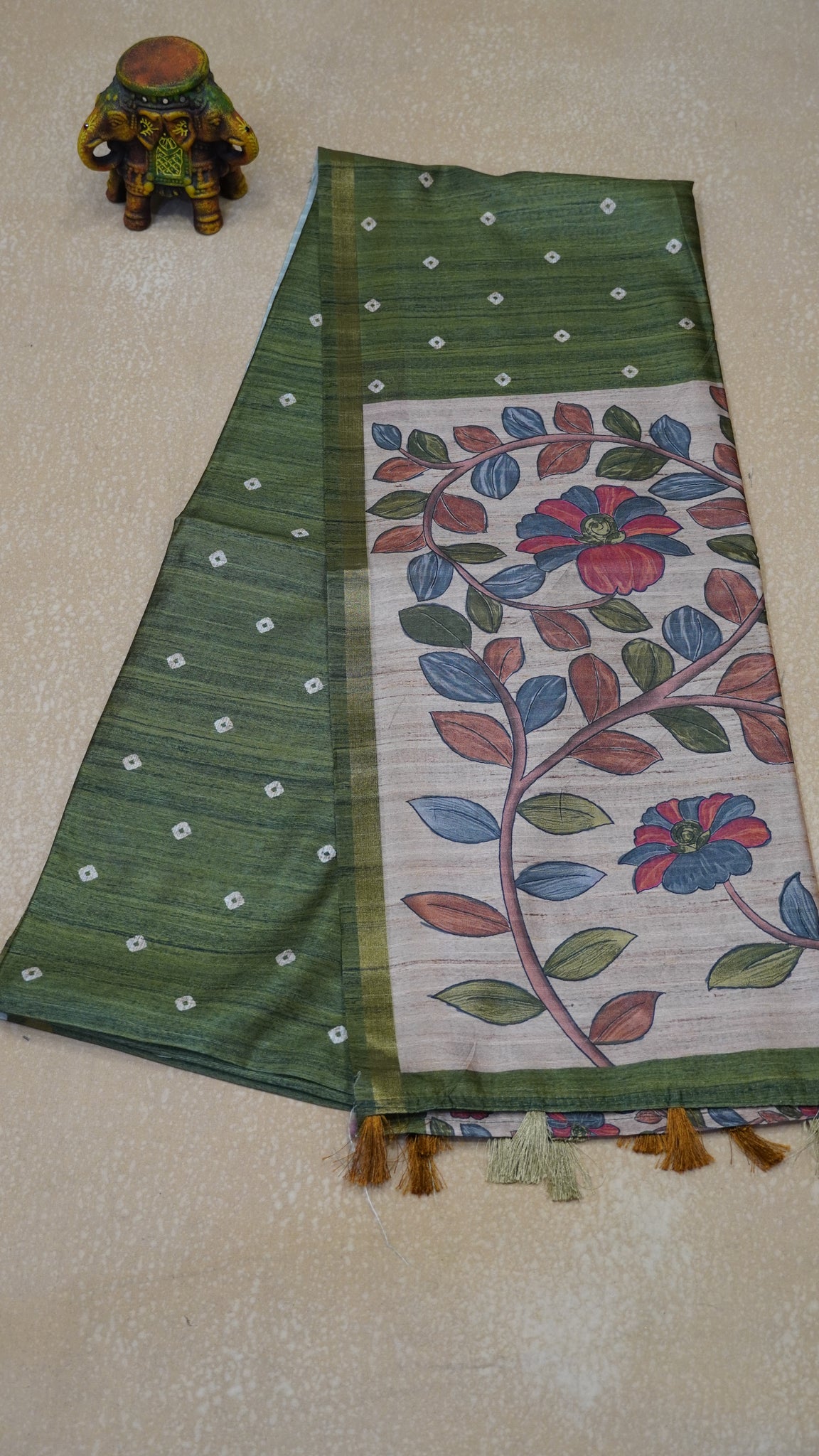 Semi Tussar Saree Bandhini Print & Kalamkari - Green