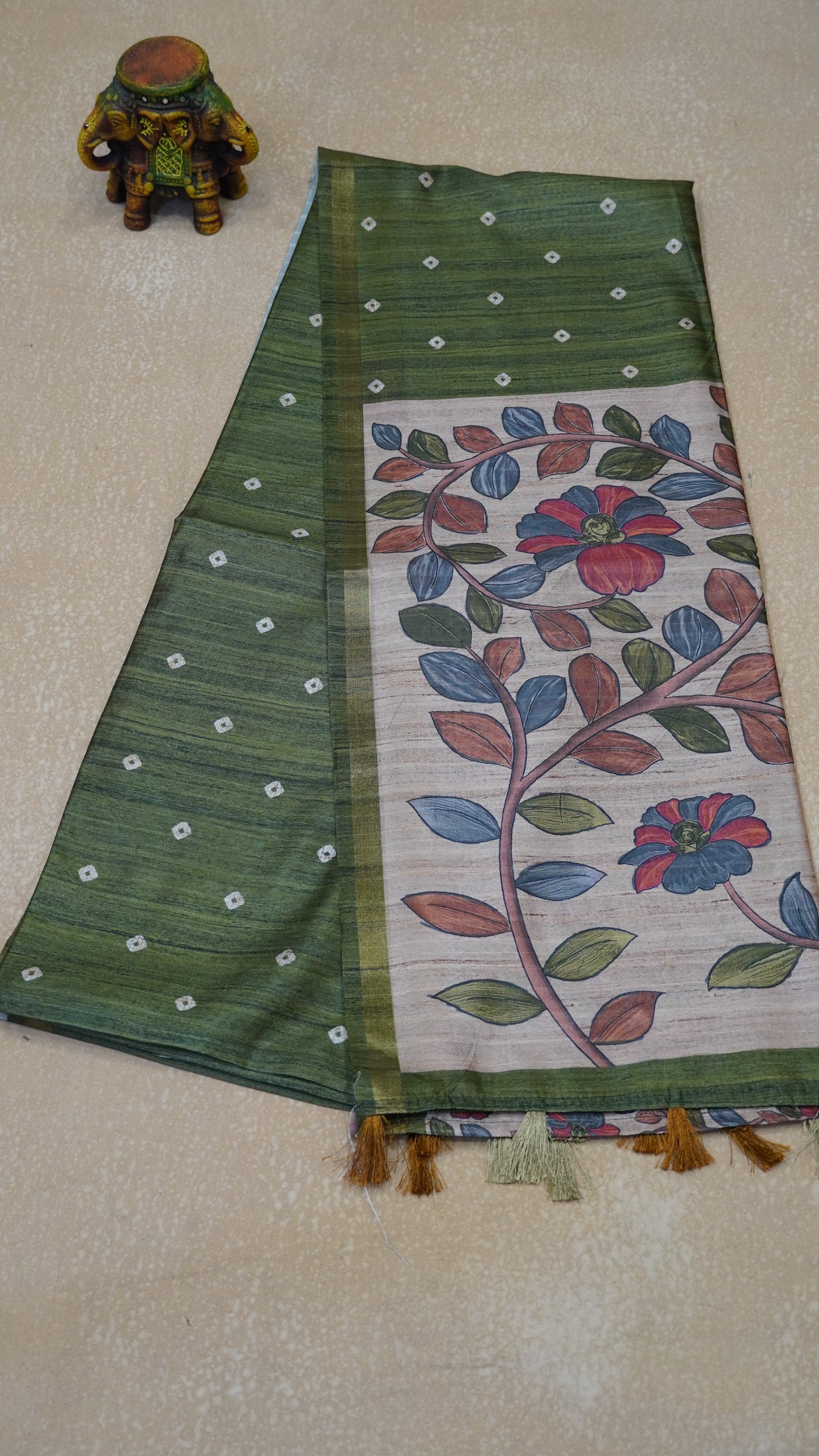 Semi Tussar Saree Bandhini Print & Kalamkari - Green