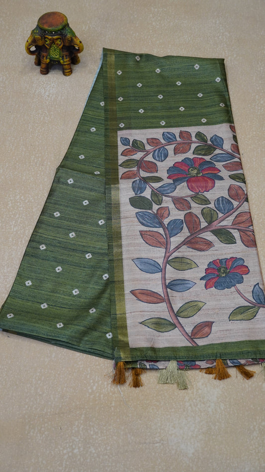 Semi Tussar Saree Bandhini Print & Kalamkari - Green