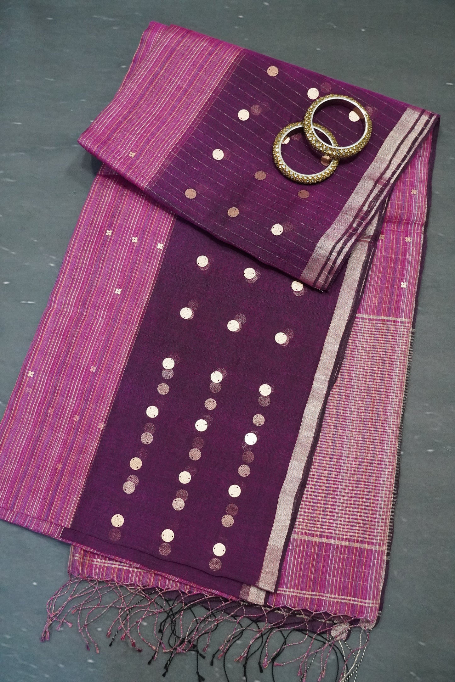 Pure Matka Tussar Saree - Round Zari Butta Purple