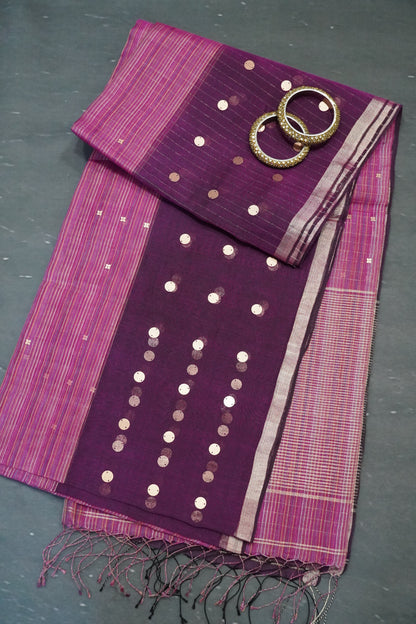 Pure Matka Tussar Saree - Round Zari Butta Purple