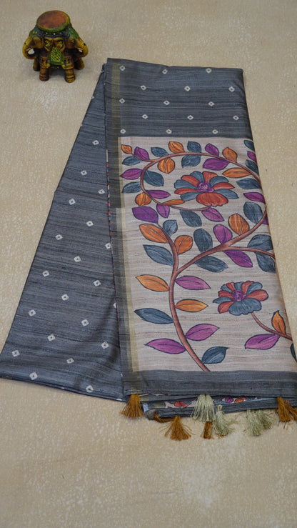 Semi Tussar Saree Bandhini Print & Kalamkari - Grey