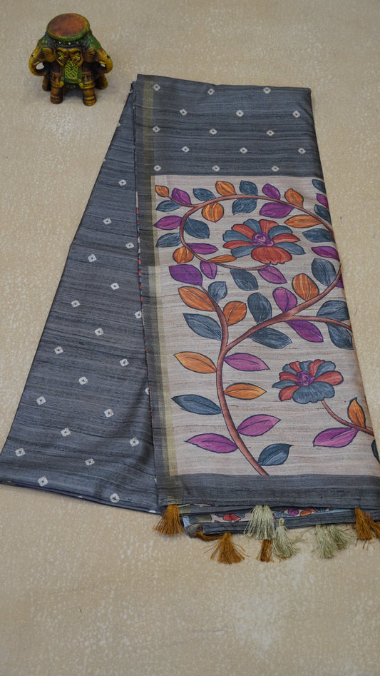 Semi Tussar Saree Bandhini Print & Kalamkari - Grey