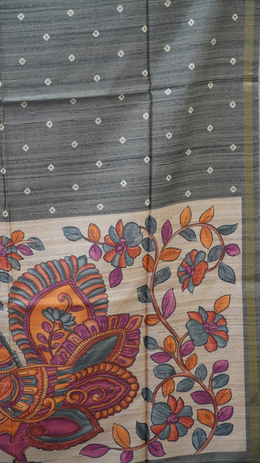 Semi Tussar Saree Bandhini Print & Kalamkari - Grey