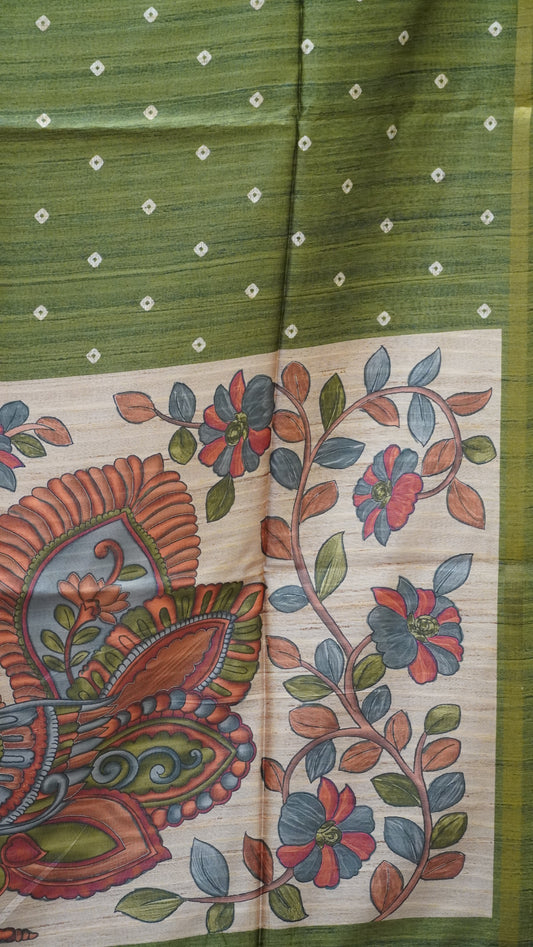 Semi Tussar Saree Bandhini Print & Kalamkari - Green