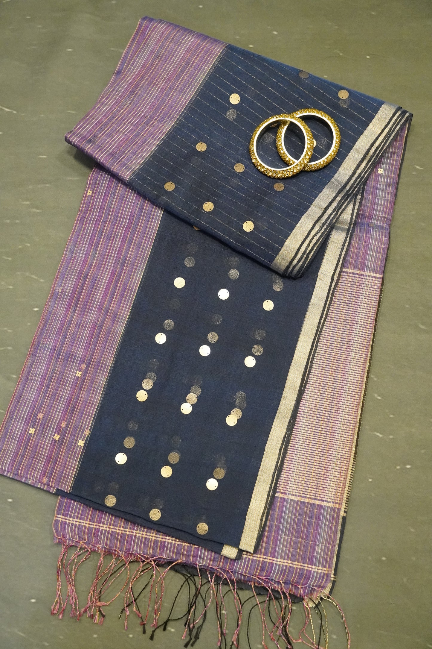 Pure Matka Tussar Saree - Round Zari Butta Blue