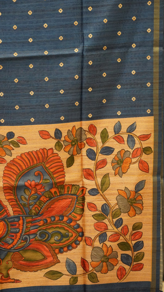 Semi Tussar Saree Bandhini Print & Kalamkari - Blue