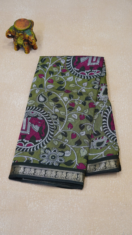 Malai Cotton Saree Kalamkari Print - Green