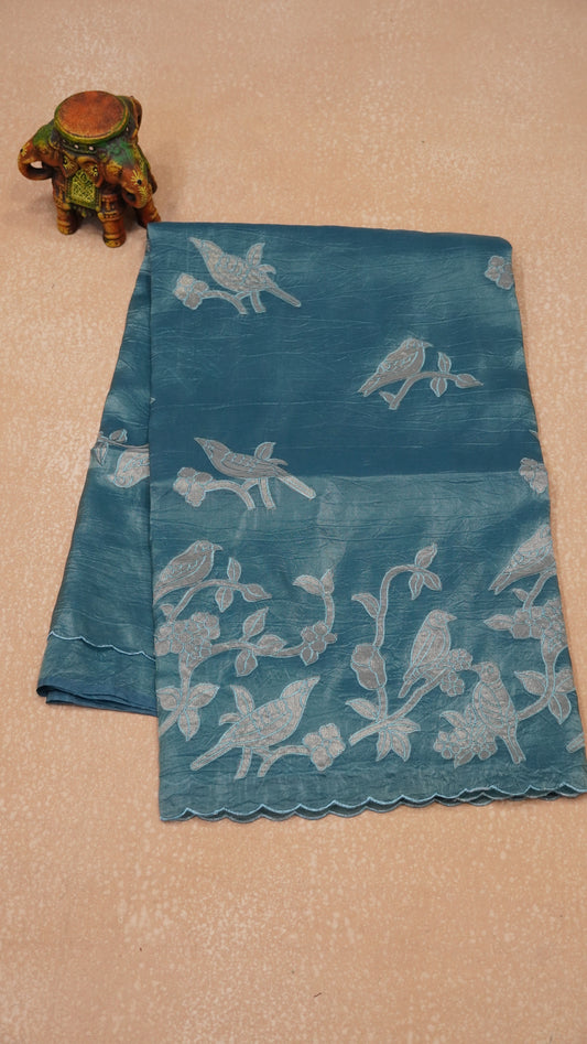 Semi Tussar Saree Crushed With Birds Aplique Work - Blue
