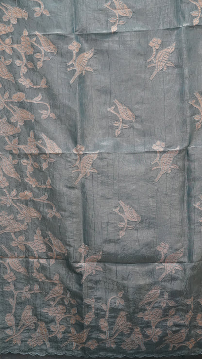 Semi Tussar Saree Crushed With Birds Aplique Work - Blue