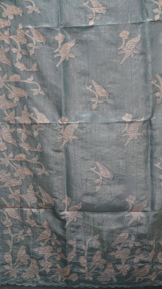 Semi Tussar Saree Crushed With Birds Aplique Work - Blue