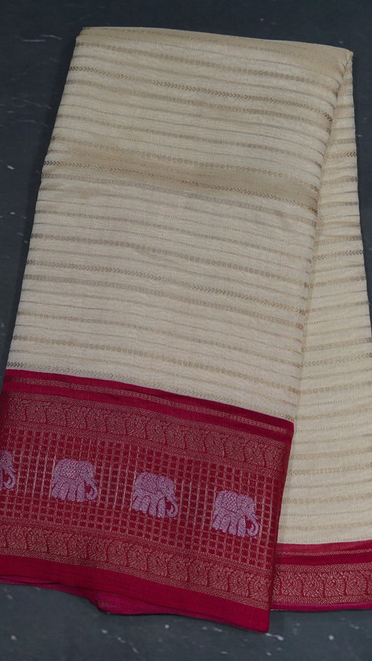 Semi Dola Silk Saree-Off White Elephant Checks