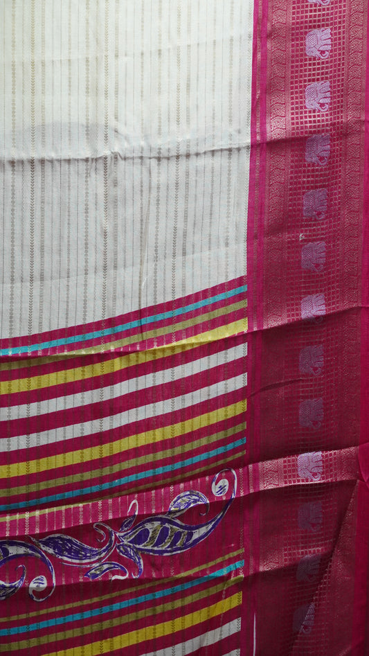 Semi Dola Silk Saree-Off White Elephant Checks