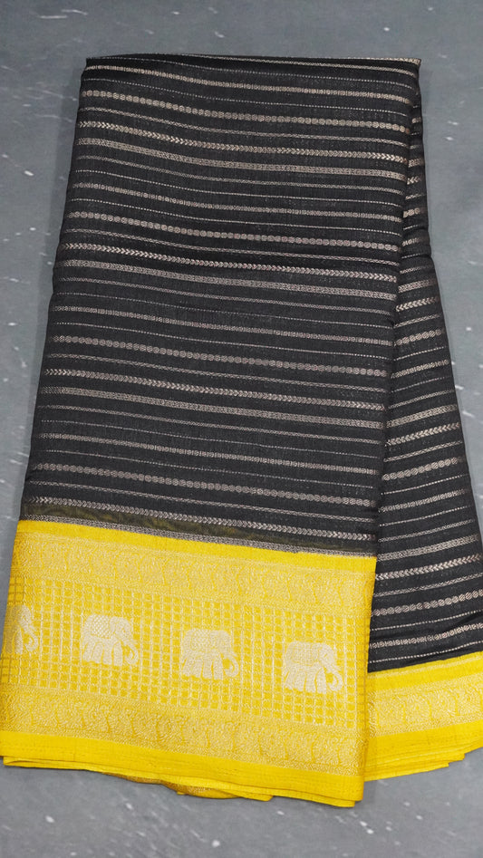 Semi Dola Silk Saree-Black Elephant Checks