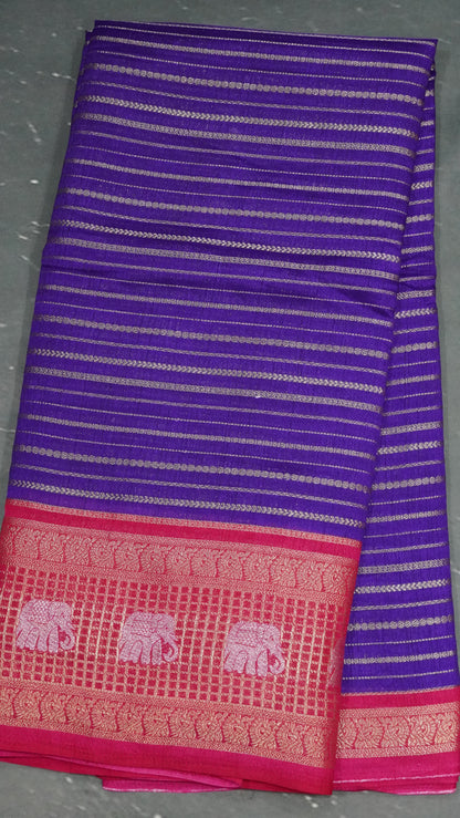 Semi Dola Silk Saree-Purple Elephant Checks