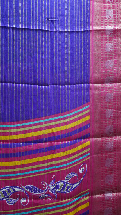 Semi Dola Silk Saree-Purple Elephant Checks