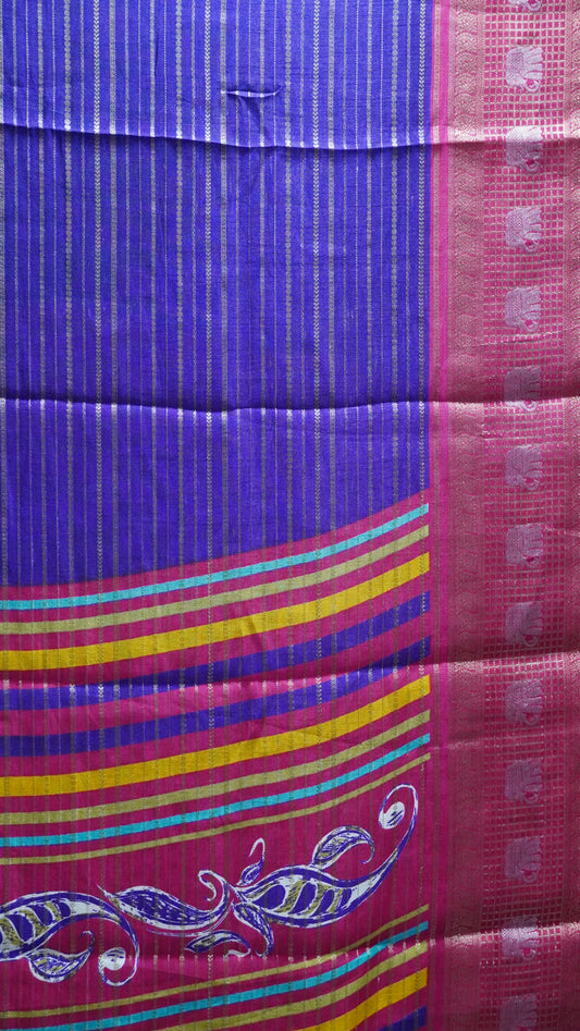 Semi Dola Silk Saree-Purple Elephant Checks