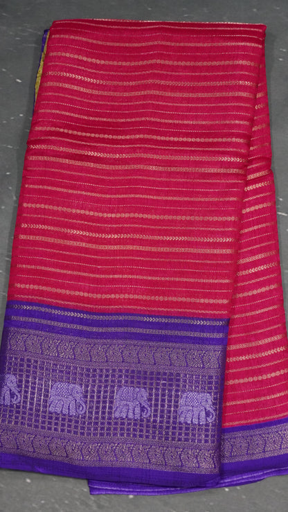 Semi Dola Silk Saree-Pink Elephant Checks