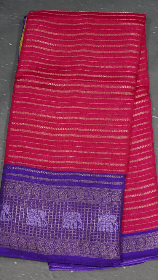 Semi Dola Silk Saree-Pink Elephant Checks