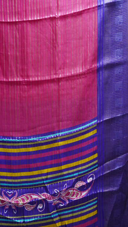 Semi Dola Silk Saree-Pink Elephant Checks