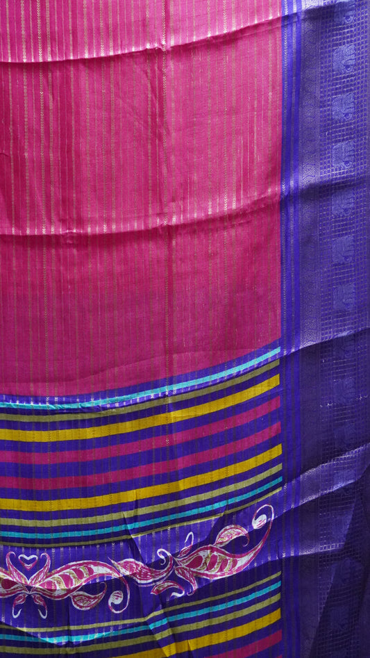 Semi Dola Silk Saree-Pink Elephant Checks