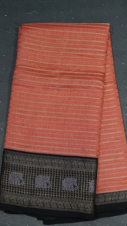 Semi Dola Silk Saree-Pale Orange Elephant Checks