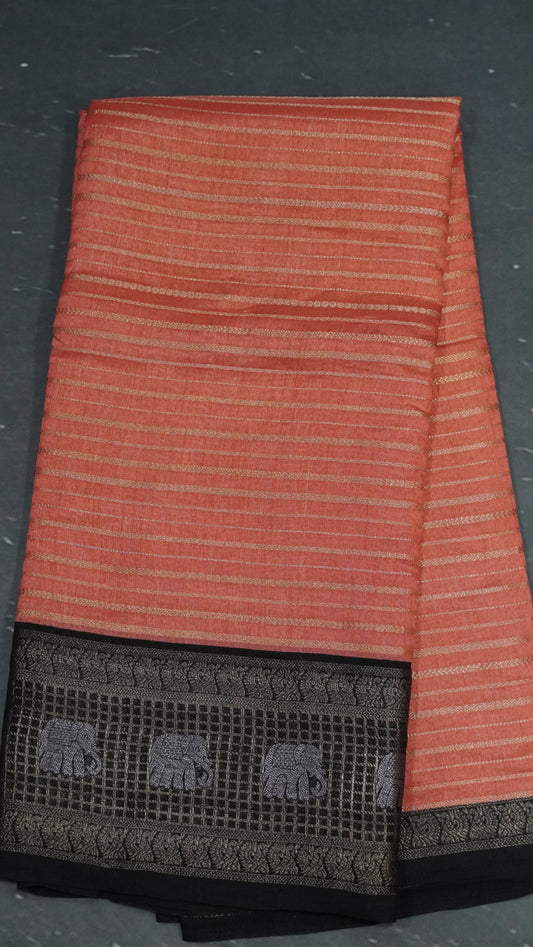 Semi Dola Silk Saree-Pale Orange Elephant Checks