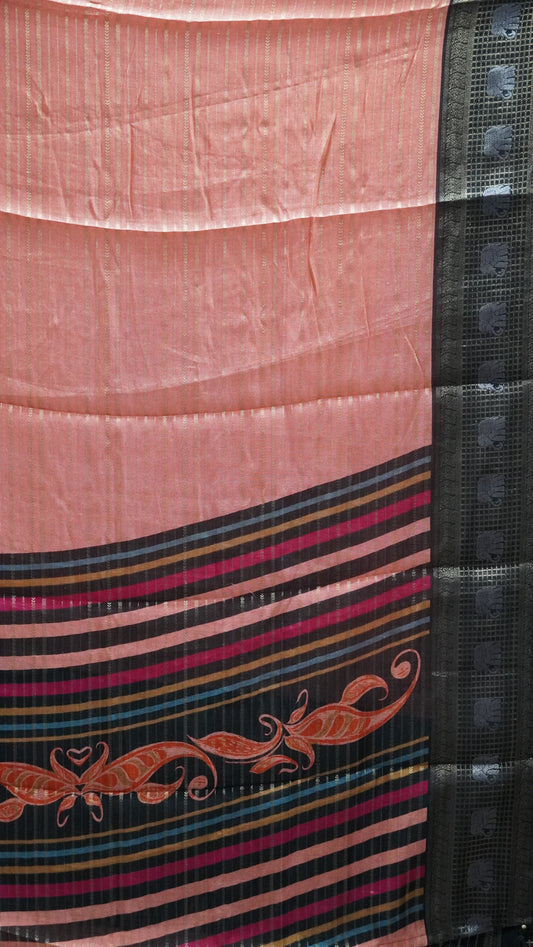 Semi Dola Silk Saree-Pale Orange Elephant Checks