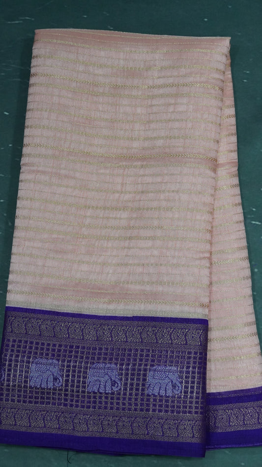 Semi Dola Silk Saree-Peach Elephant Checks