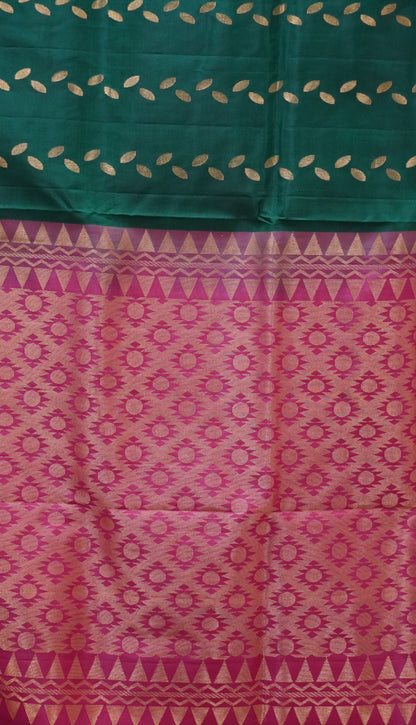 Pure Soft Silk Saree  1  1/2 Warp - Bottle Green to Pink